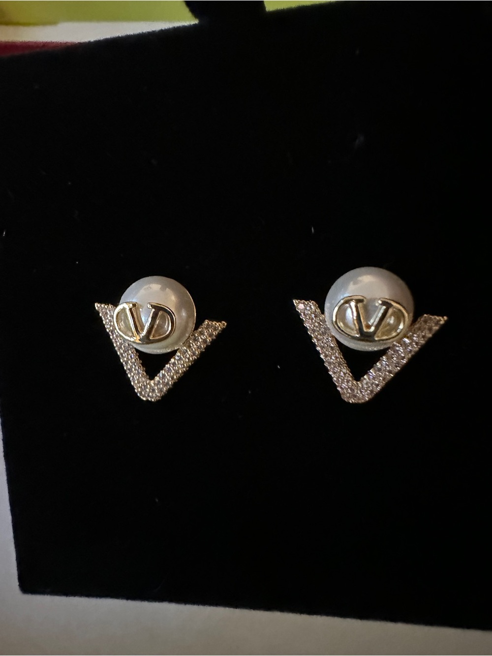 V inspired Gold and White Pearl V-Logo Stud Earrings